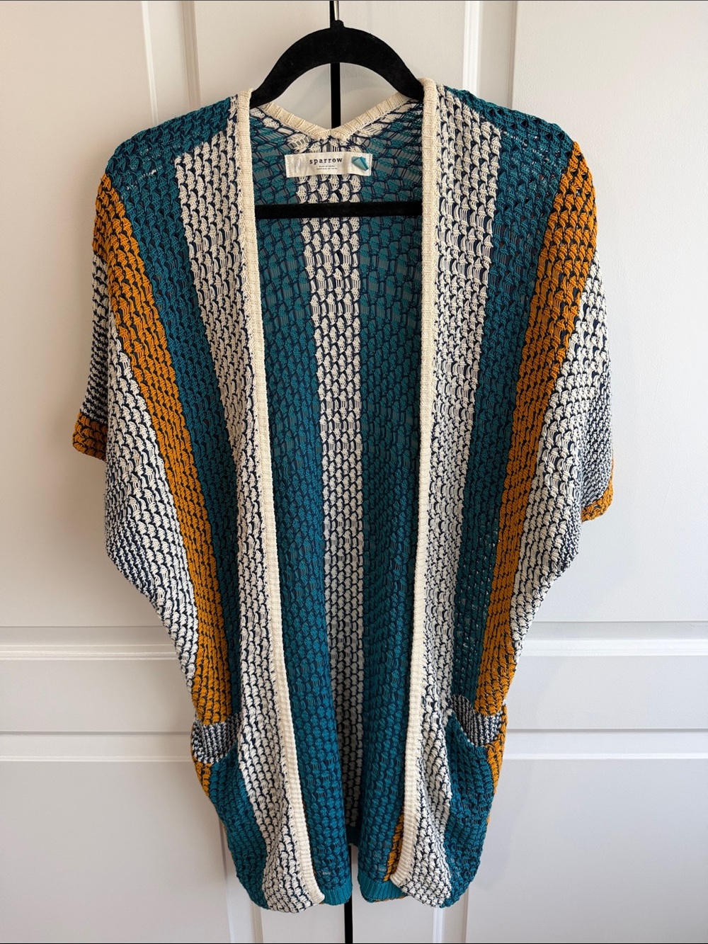 Anthropologie Teal & Cream Open-Knit Cardigan